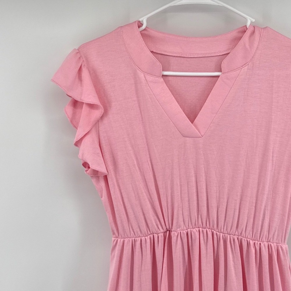 Yesfashion Pink Tiered Midi Dress Ruffle Cap Sleeve V-Neck Elastic Waist Small - Picture 3 of 7